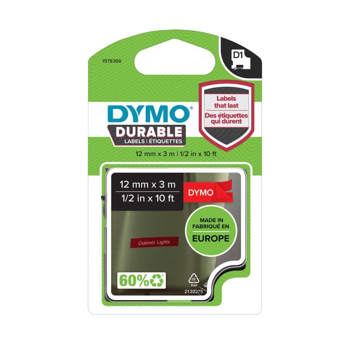 DYMO D1 Durable Lente 12mm x 3m   melns uz sarkana (1978366)