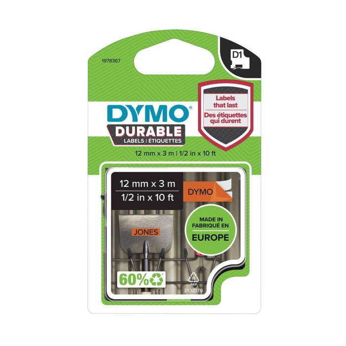 DYMO D1 Durable Juostelė 12mm x 3m   juodas ant oranžinės (1978367)