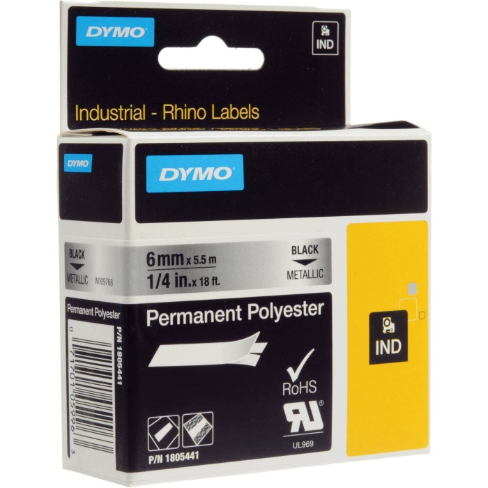 DYMO Rhino Polyester Tape spēcīga līmlente 6 mm x 5 5 m   melna uz metāla (1805441)