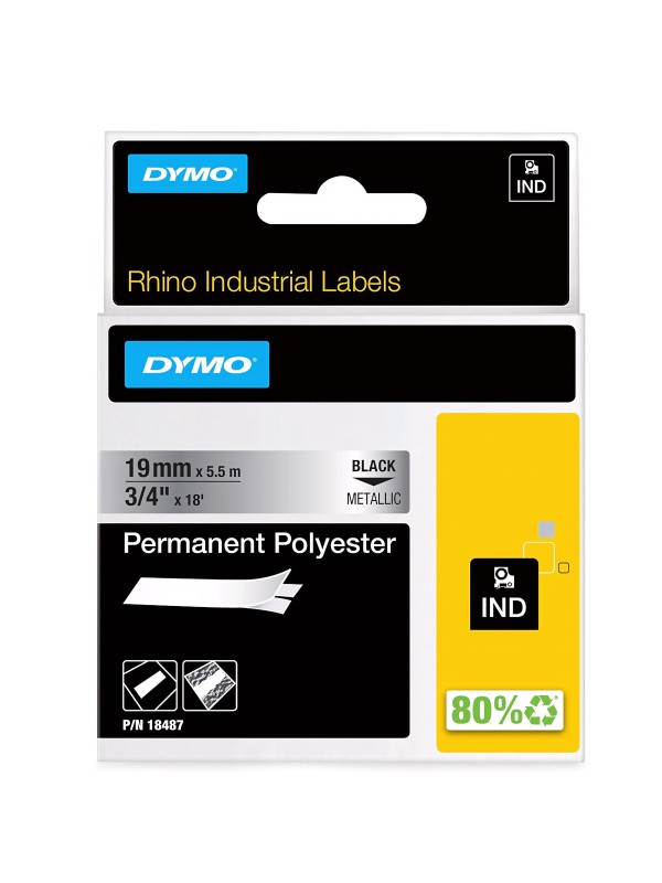 DYMO Rhino Permanent Polyester Tape 19 mm x 5.5m   metallized black on silver (18487)