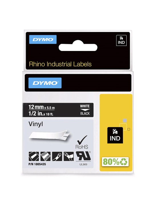 DYMO Rhino Vinilinė Juostelė 12mm x 5.5m   baltas ant juodas (1805435)