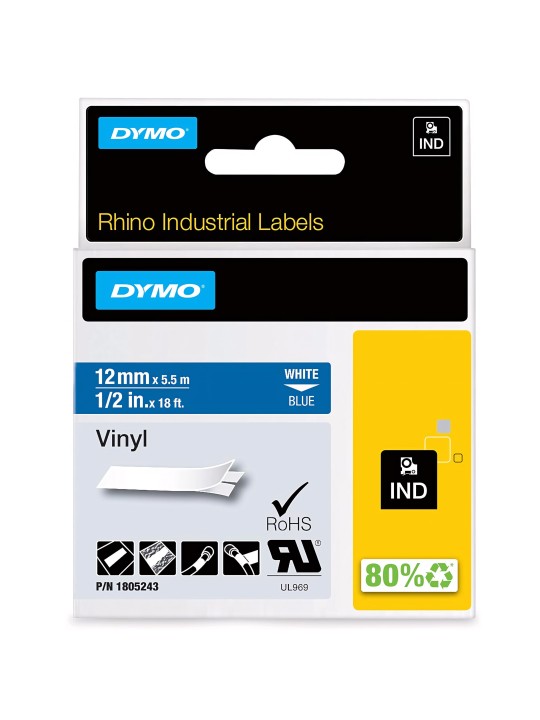 DYMO Rhino Vinyl Tape 12 mm x 5.5m   white on blue (1805243)