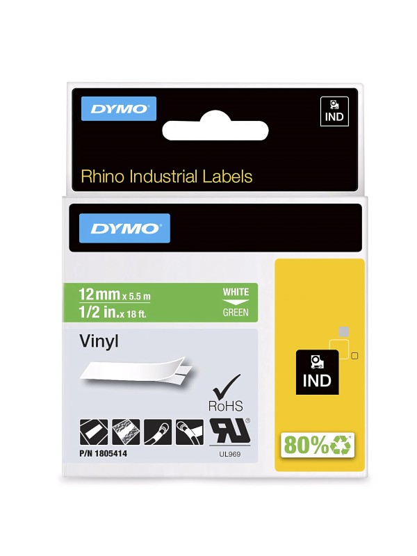 DYMO Rhino Vinyl Tape 12 mm x 5.5m   white on green (1805414)