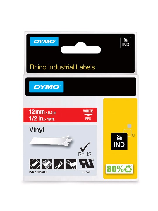 DYMO Rhino Vinilinė Juostelė 12mm x 5.5m   baltas ant raudonas (1805416)