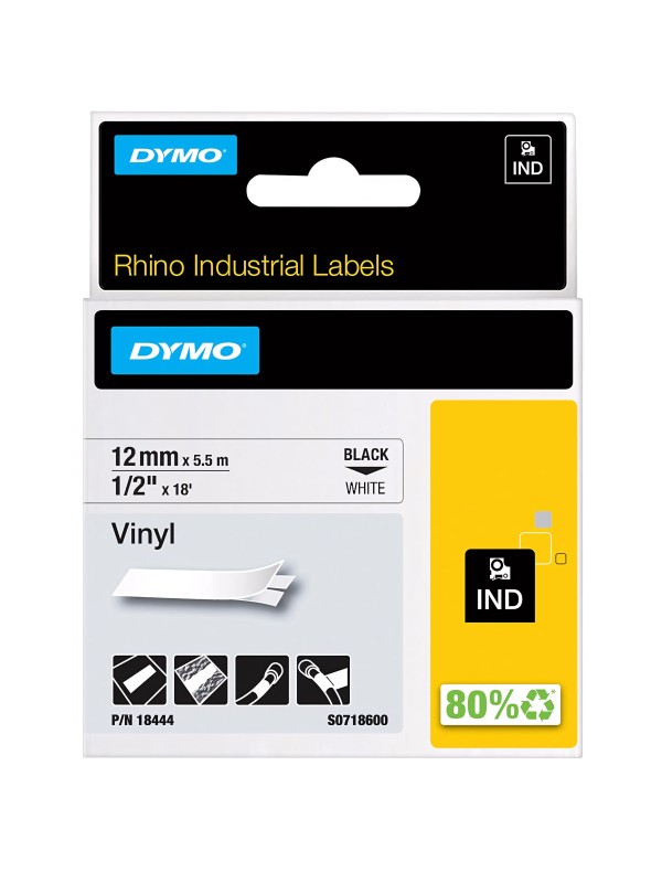 DYMO Rhino Permanent Vinyl Tape 12 mm x 5.5m   black on white (18444)