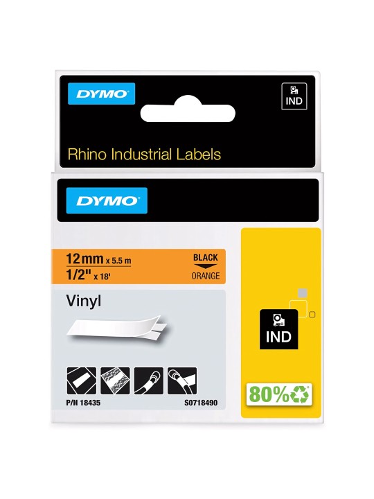 DYMO Rhino Permanent Vinyl Tape 12 mm x 5.5m   black on orange (18435)