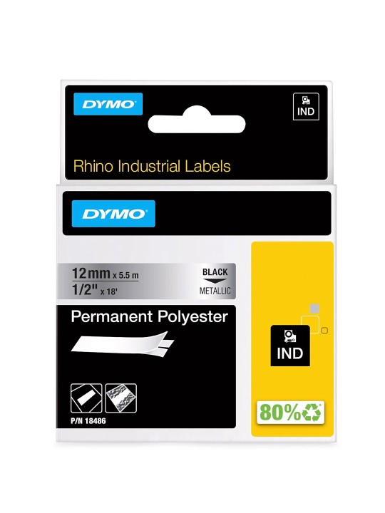 DYMO Rhino Permanent Polyester Tape 12 mm x 5.5m   metallized black on silver (18486)