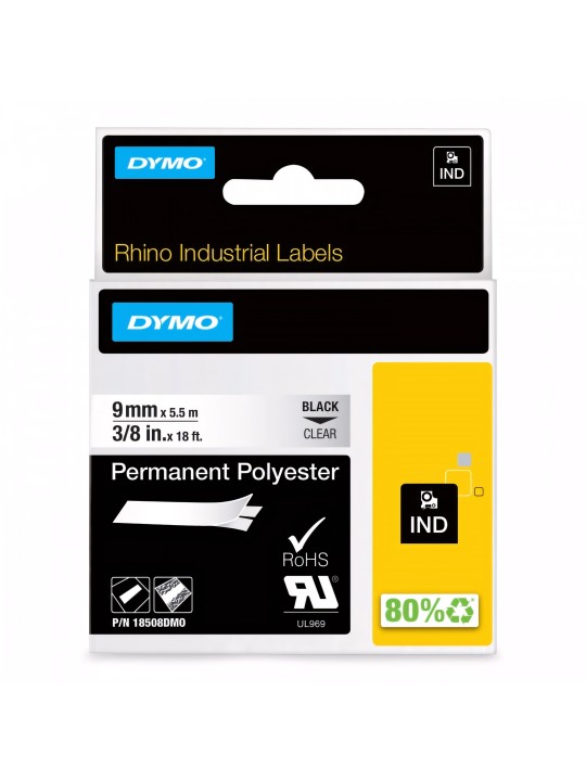 DYMO Rhino Permanent Polyester Tape 9 mm x 5.5m   white on transparent (18508)