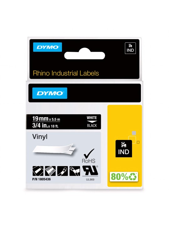 DYMO Rhino Vinyl Tape 19mm x 5.5m   white on black (1805436)