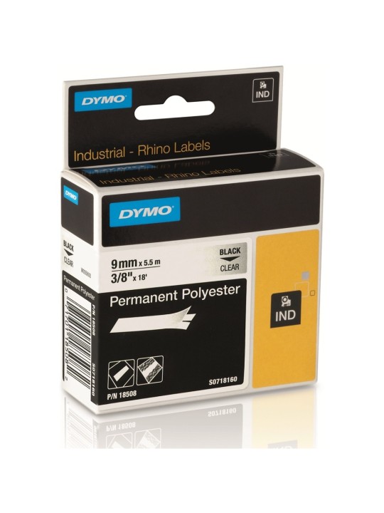 DYMO Rhino Permanent Polyester Tape 9 mm x 5.5m   white on transparent (18508)